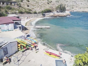 High angle view of boats in sea