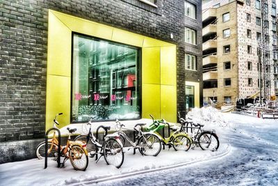 Bicycle parked in front of building