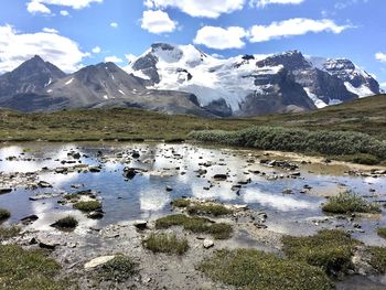 Scenic view of snowcapped mountains against sky