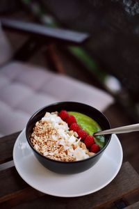 Close-up of breakfast served on table