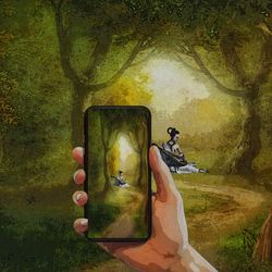 Digital composite image of man photographing through smart phone