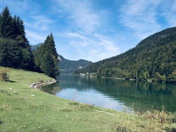 Scenic view of lake by trees against sky