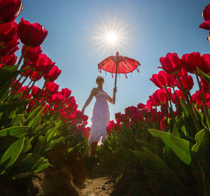Woman standing by red flowering plants against sky