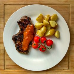 High angle view of breakfast in plate on table