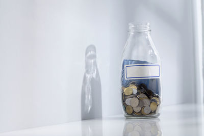 Close-up of glass jar on table against white background
