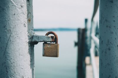 Close-up of padlock on metal gate
