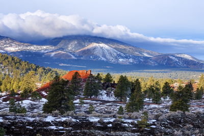 Scenic view of trees and mountains against sky