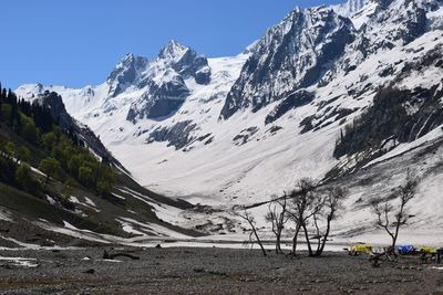 Scenic view of snowcapped mountains against clear sky