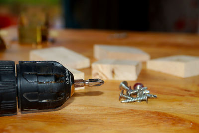 Close-up of motorcycle on table