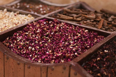 Large selection of different spices on the market, close-up