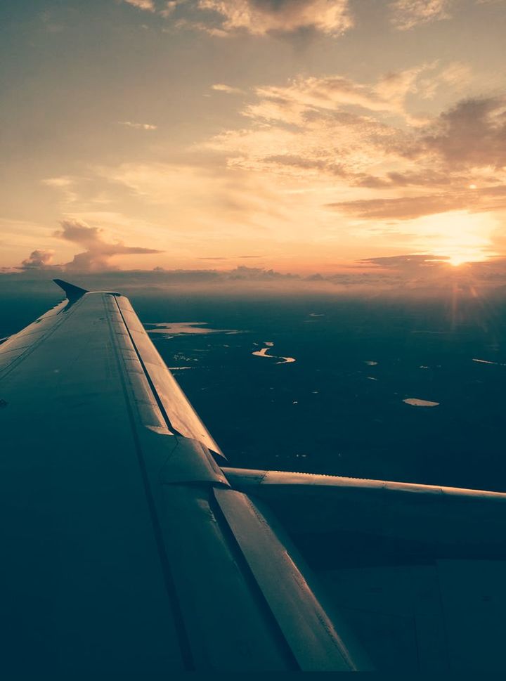 sunset, transportation, airplane, sky, journey, mode of transport, travel, no people, cloud - sky, airplane wing, aircraft wing, flying, air vehicle, nature, aerial view, outdoors, scenics, beauty in nature, water, city, close-up, day