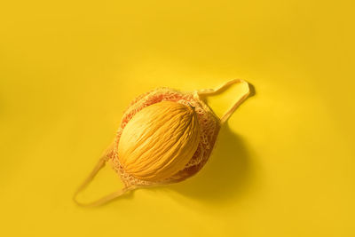Fresh yellow melon in a cotton bag on the yellow background. concept caring for the environment 
