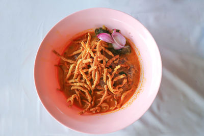 High angle view of noodles in bowl on table