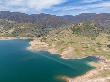 Drone view of blowering reservoir near tumut, snowy mountains, new south wales, australia at drought