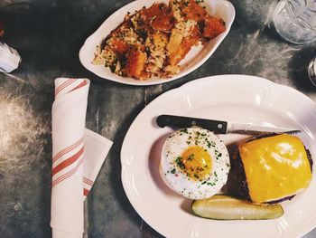 High angle view of breakfast served on table