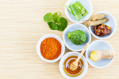 Close-up of ingredients on wooden table