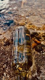 High angle view of glass of water on rock