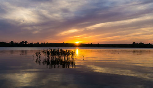 Scenic view of lake against sky during sunset