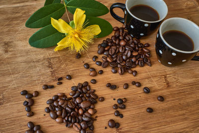 High angle view of coffee beans on table