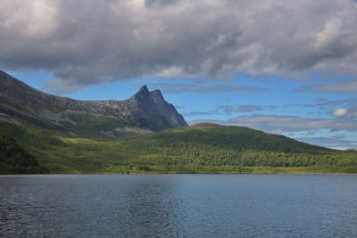 Scenic view of lake by mountain against sky