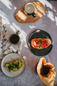 High angle view of breakfast served on table