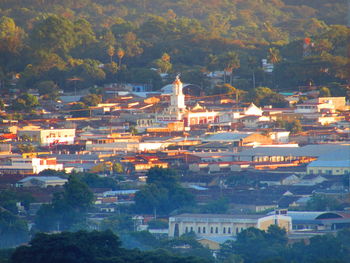 High angle view of town at night