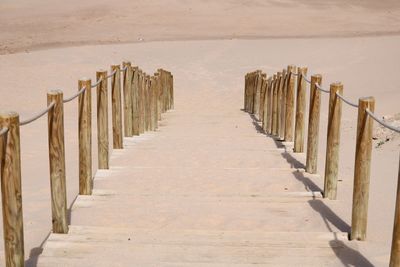 Wooden posts on beach