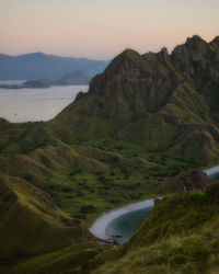 High angle view of mountain against sky during sunset