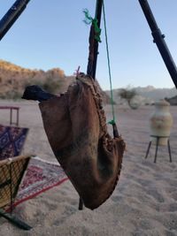 Close-up of animal hanging on rope against sky