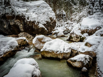 Stream flowing through rocks during winter