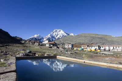 Scenic view of lake by mountains against clear blue sky