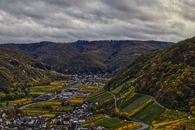 High angle view of agricultural landscape against sky