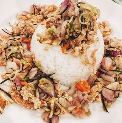 High angle view of food served in plate