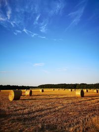 Hay bales on field against blue sky