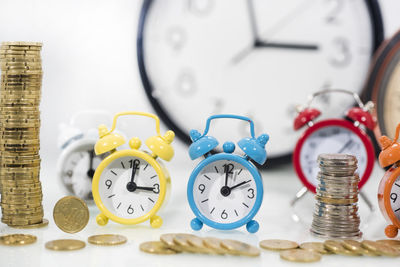 Close-up of clock on table