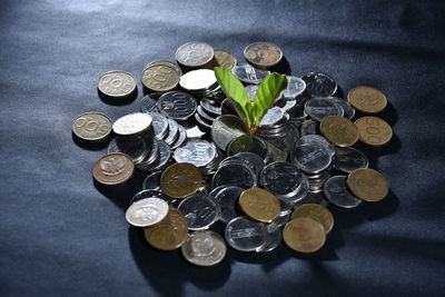 High angle view of coins on table