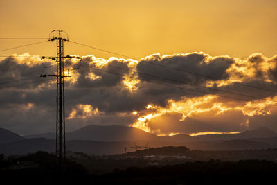 High voltage cables with the sky at sunset in the background