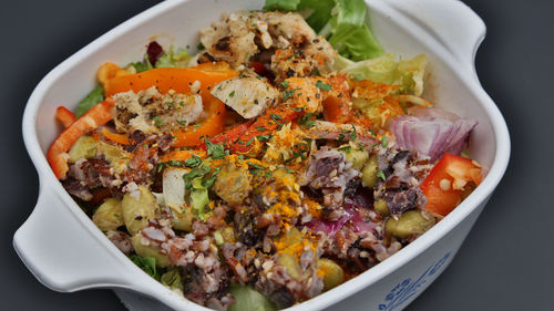 High angle view of food served in plate