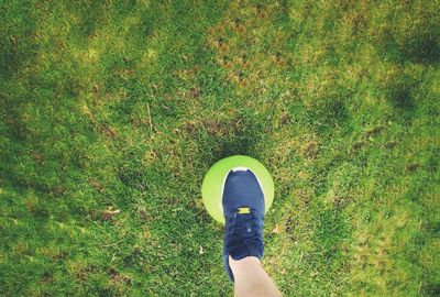 Low section of person standing on grassy field