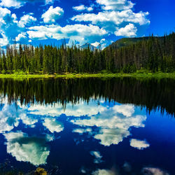 Reflection of trees in lake against sky