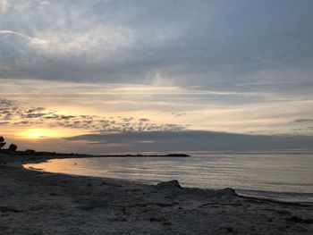 Scenic view of beach against sky during sunset