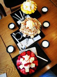 High angle view of cake served on table