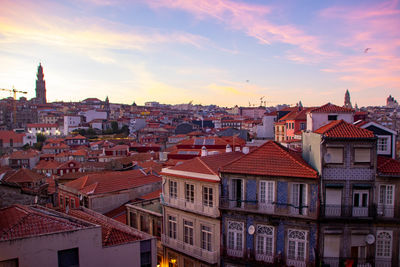 High angle view of townscape against sky during sunset