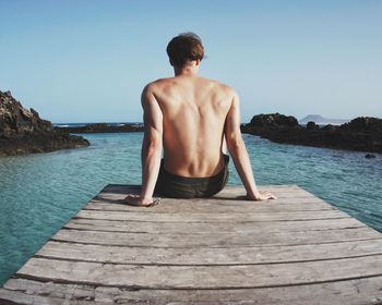 Rear view of shirtless man sitting on pier over sea against clear sky