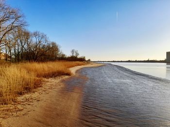 Scenic view of beach against clear sky