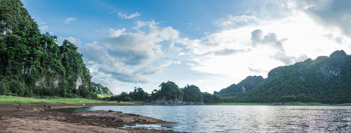 Panorama of mountain, water and sand in the area of the corry valley reservoir, kanchanaburi