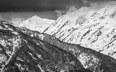 Scenic view of snow covered mountains against sky