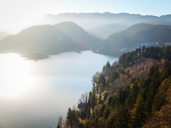 Scenic view of lake and mountains against sky