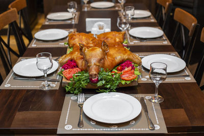 High angle view of meal served on table
