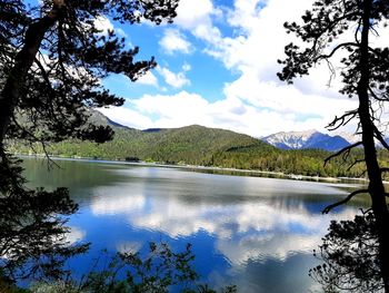 Scenic view of lake and mountains against sky